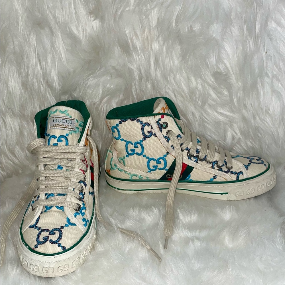 🔥🔥 Authentic Gucci Embroidered Signature Tennis 1977 Hightop Sneakers Sz 7.5!! - Picture 3 of 9